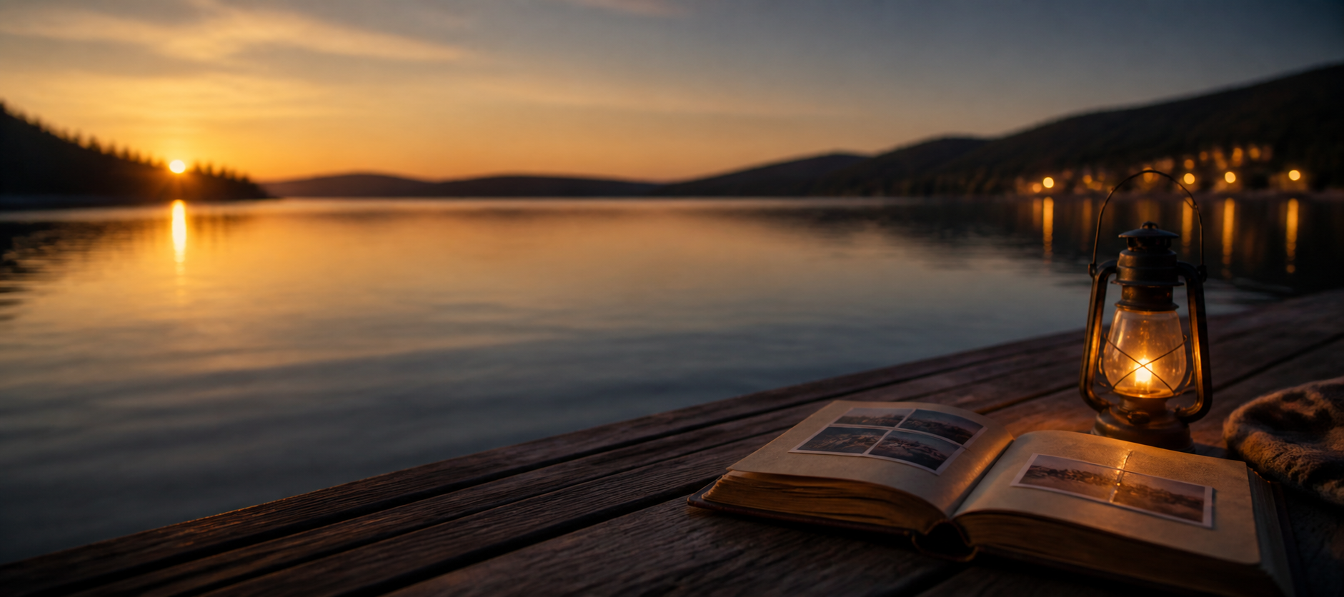 A lantern and family photo album beside a peaceful lake at sunset